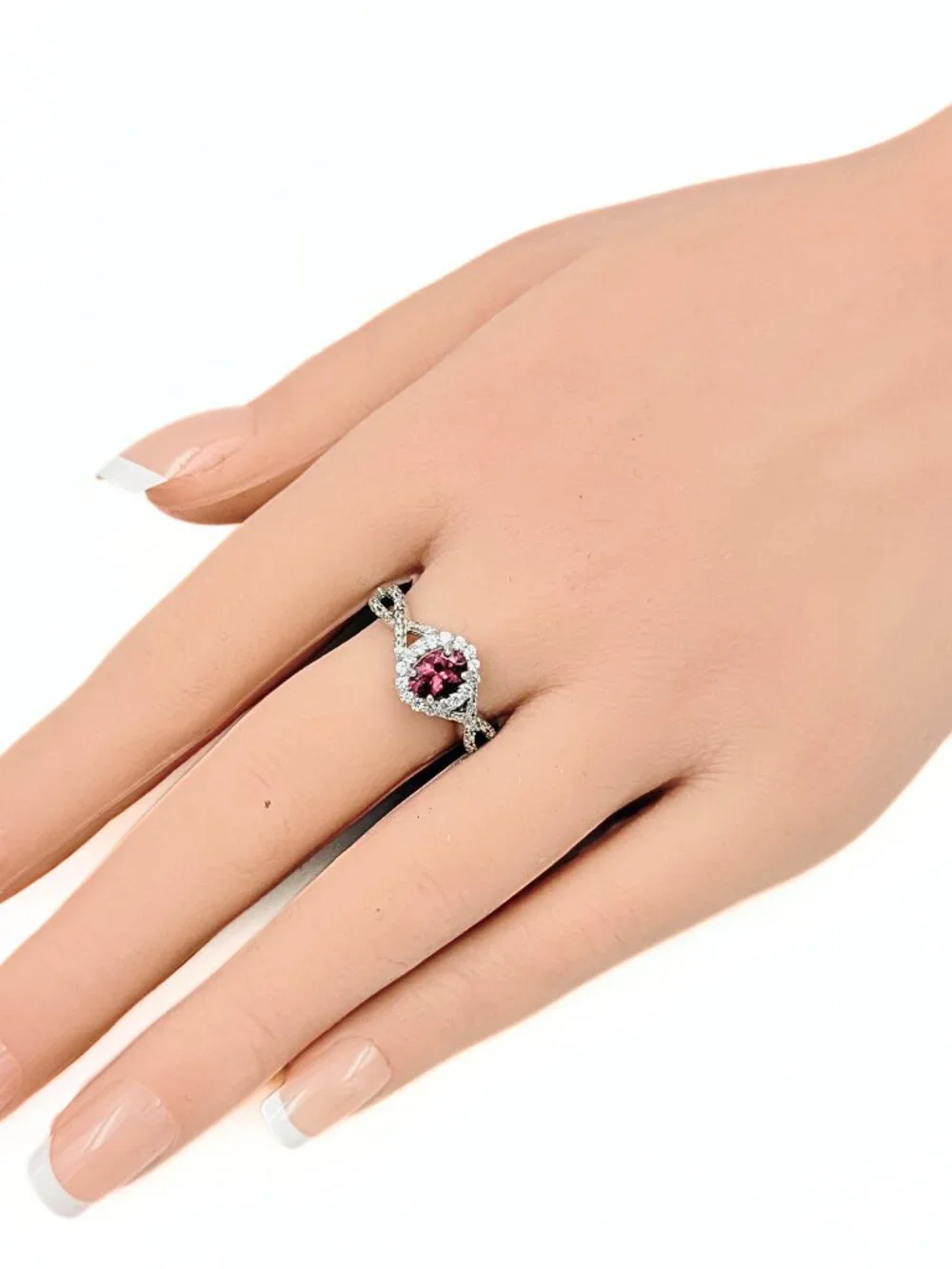 Charming Marked BBJ Sterling Silver Pink Lab Tourmaline Halo Ring Sz 10